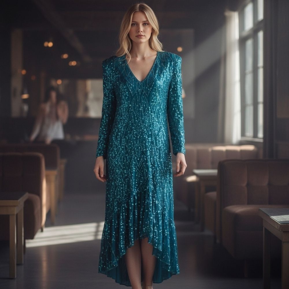 Vintage Aqua Blue Beaded/Sequin Dress with Long Sleeves & Ruffle Hemline | Circa